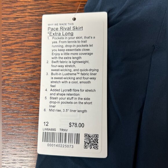 Lululemon Pace Rival Extra Long True Navy Skirt Size 12 NWT - Picture 2 of 6